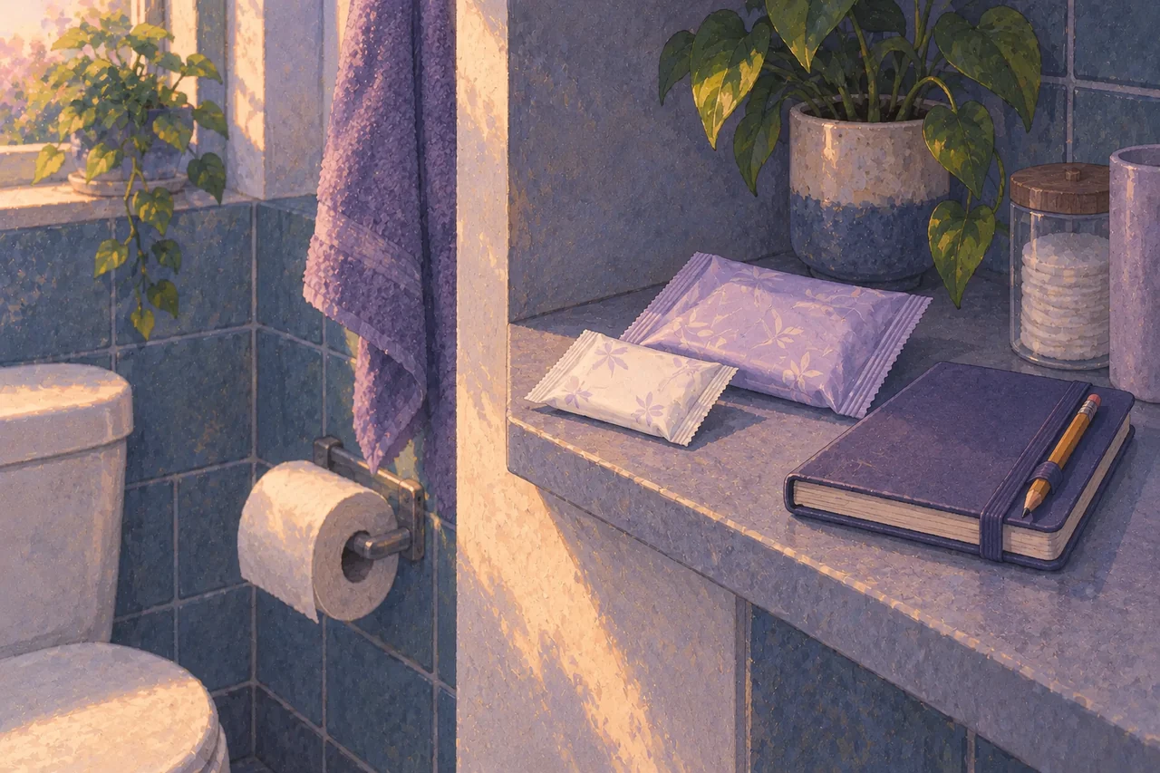 A wrapped liner, separate wrapped pad and pocket notebook on a small bathroom shelf beside toilet paper.