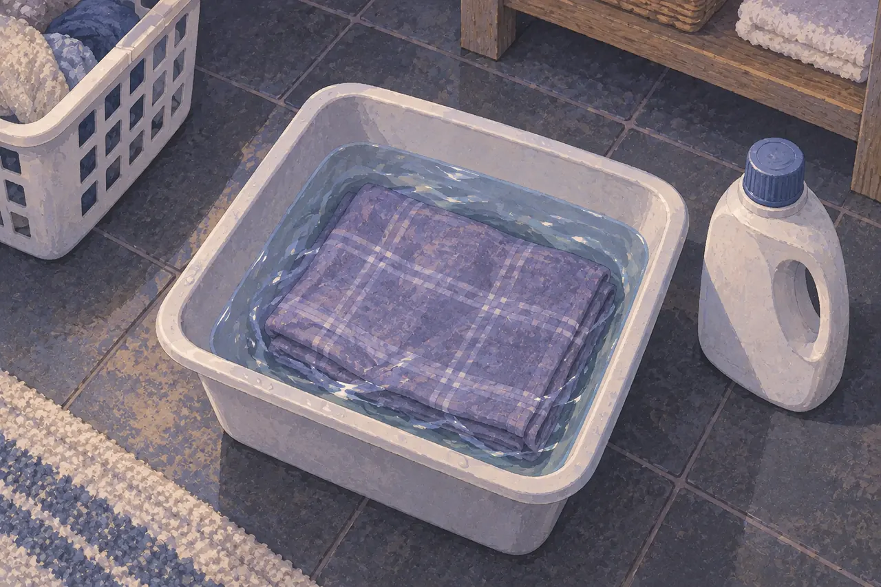 Washable cloth soaking in a basin on a laundry-room floor beside an unbranded detergent bottle.