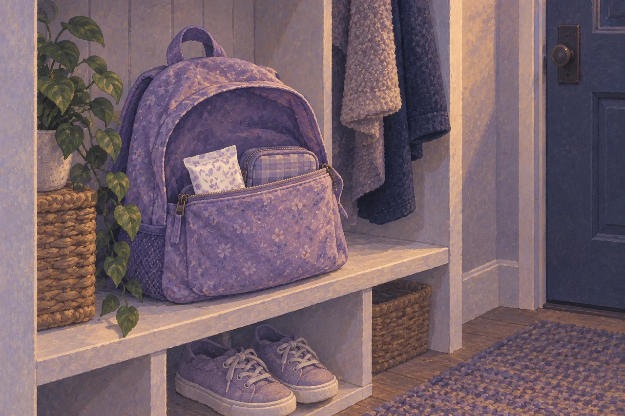 A backpack by the front door with a wrapped pad and a small checked pouch in its open pocket.