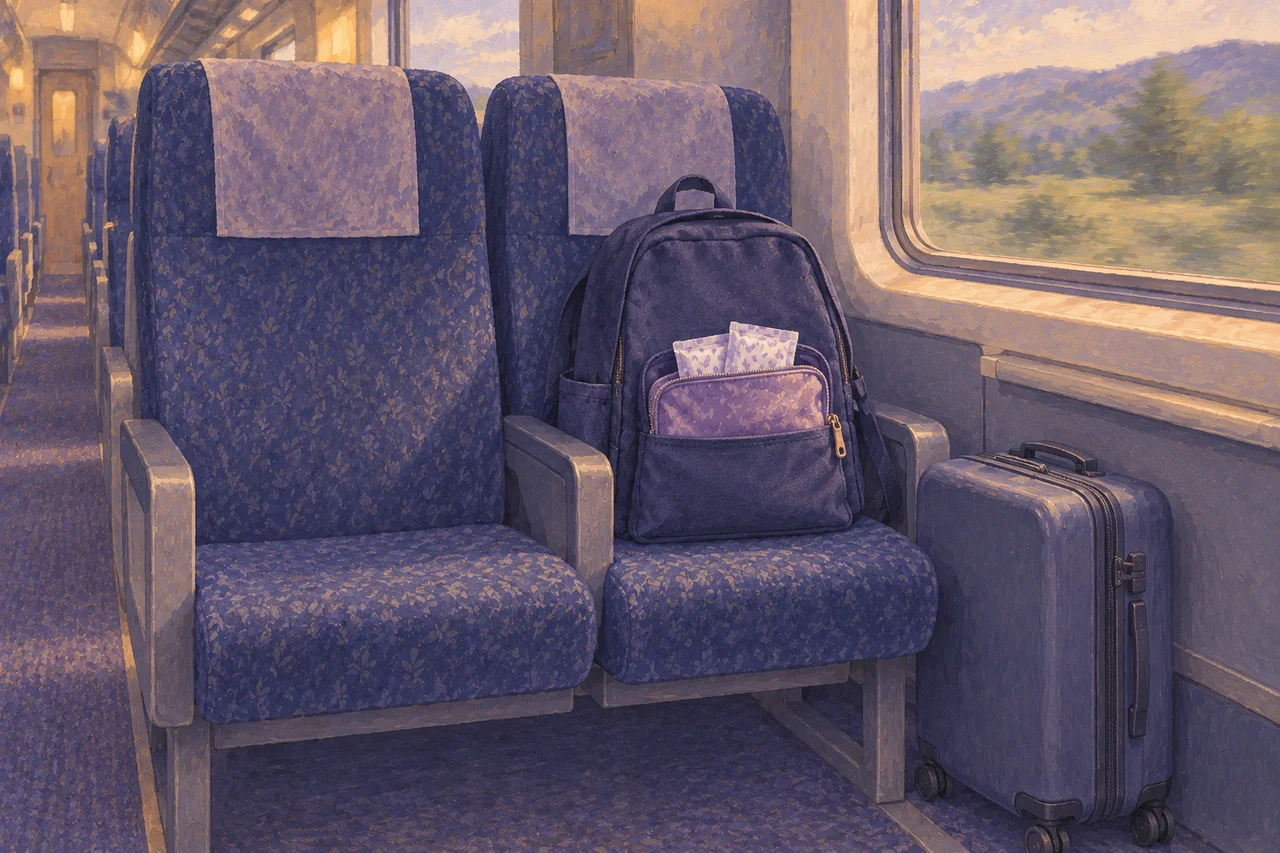 A backpack on a train seat with a period-supply pouch in its front pocket and a suitcase beside the seat.