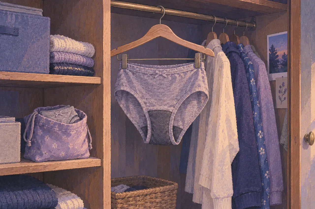 Clean absorbent underwear hanging in a wardrobe cubby beside a pouch holding a spare pair.