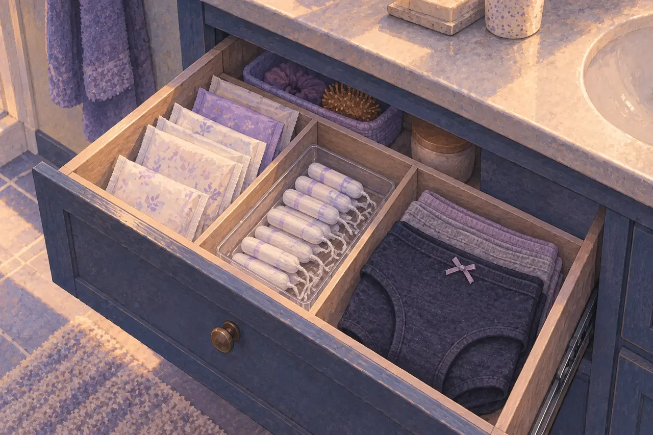 Pads, tampons and folded absorbent underwear stored separately in a compartment drawer.