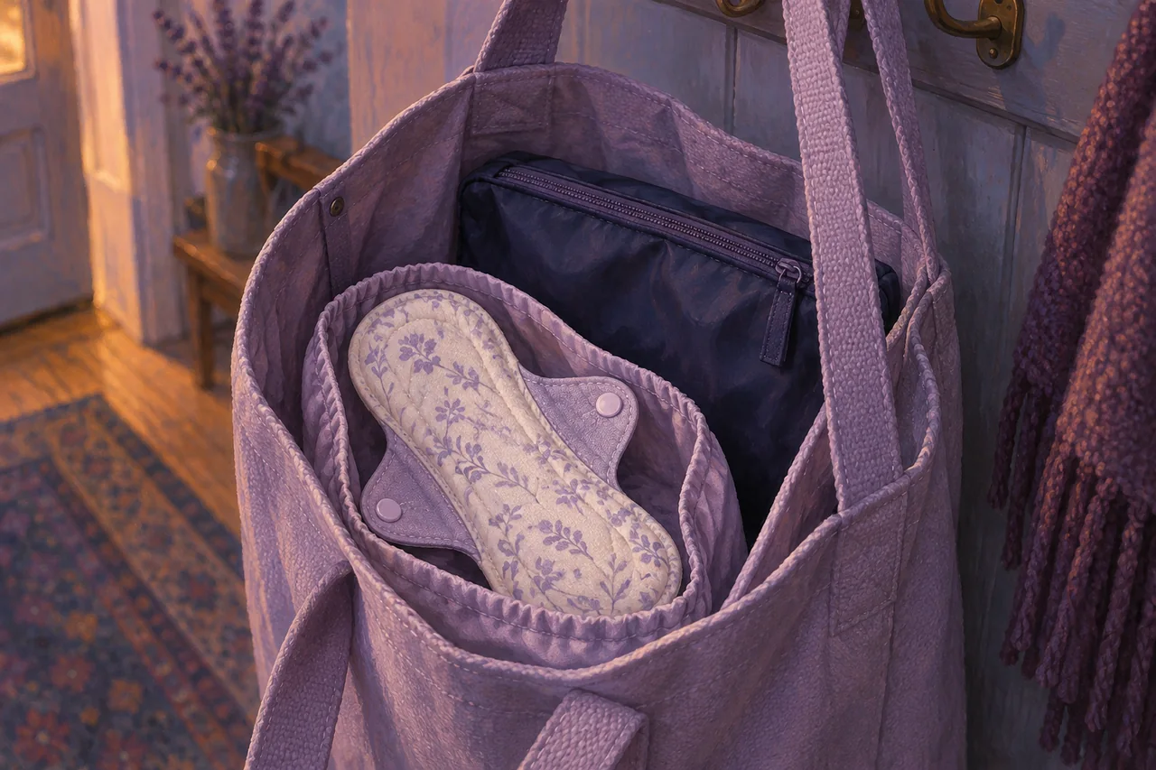 An open tote with a clean cloth pad in a pale pouch and a separate dark zipped carrying bag.