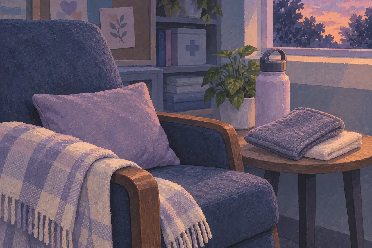 A rest chair, cloth-covered warm pack and water bottle in a quiet school nurse’s space.