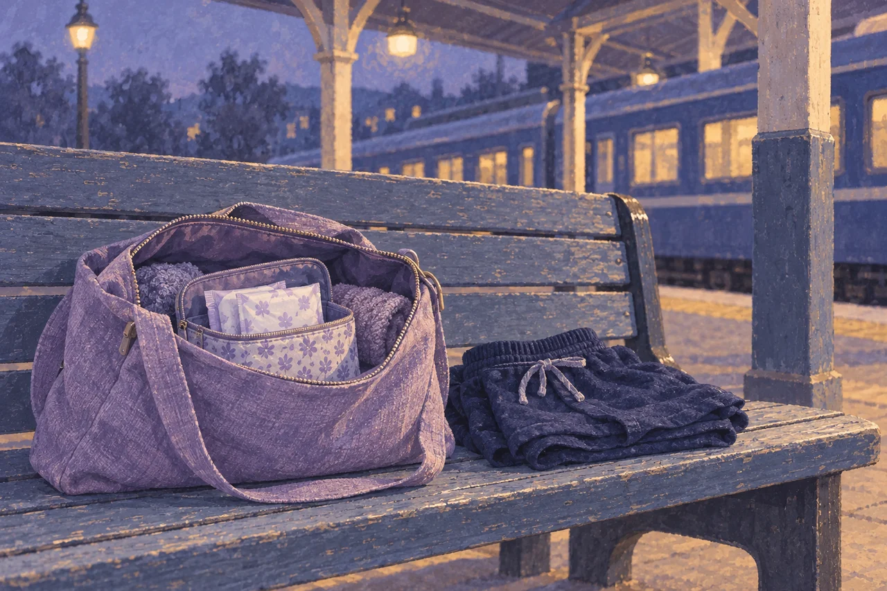 A travel tote with wrapped period supplies on a station bench beside folded navy shorts.
