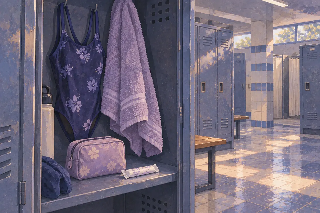 A swimsuit and towel hanging in a pool changing-room locker, with a dry supply pouch and wrapped tampon on the shelf.
