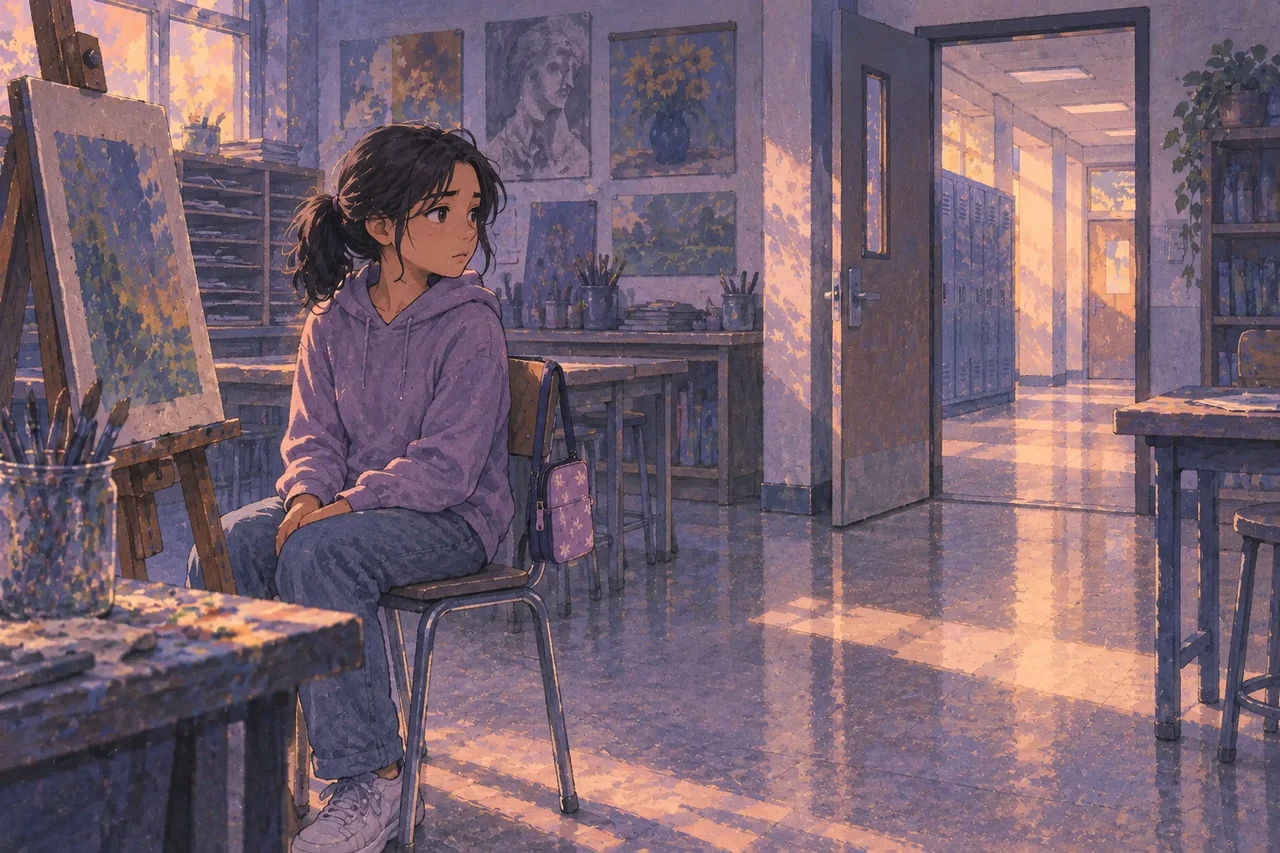 A clothed student pauses while seated in an art classroom, with a supply pouch hanging from the chair.