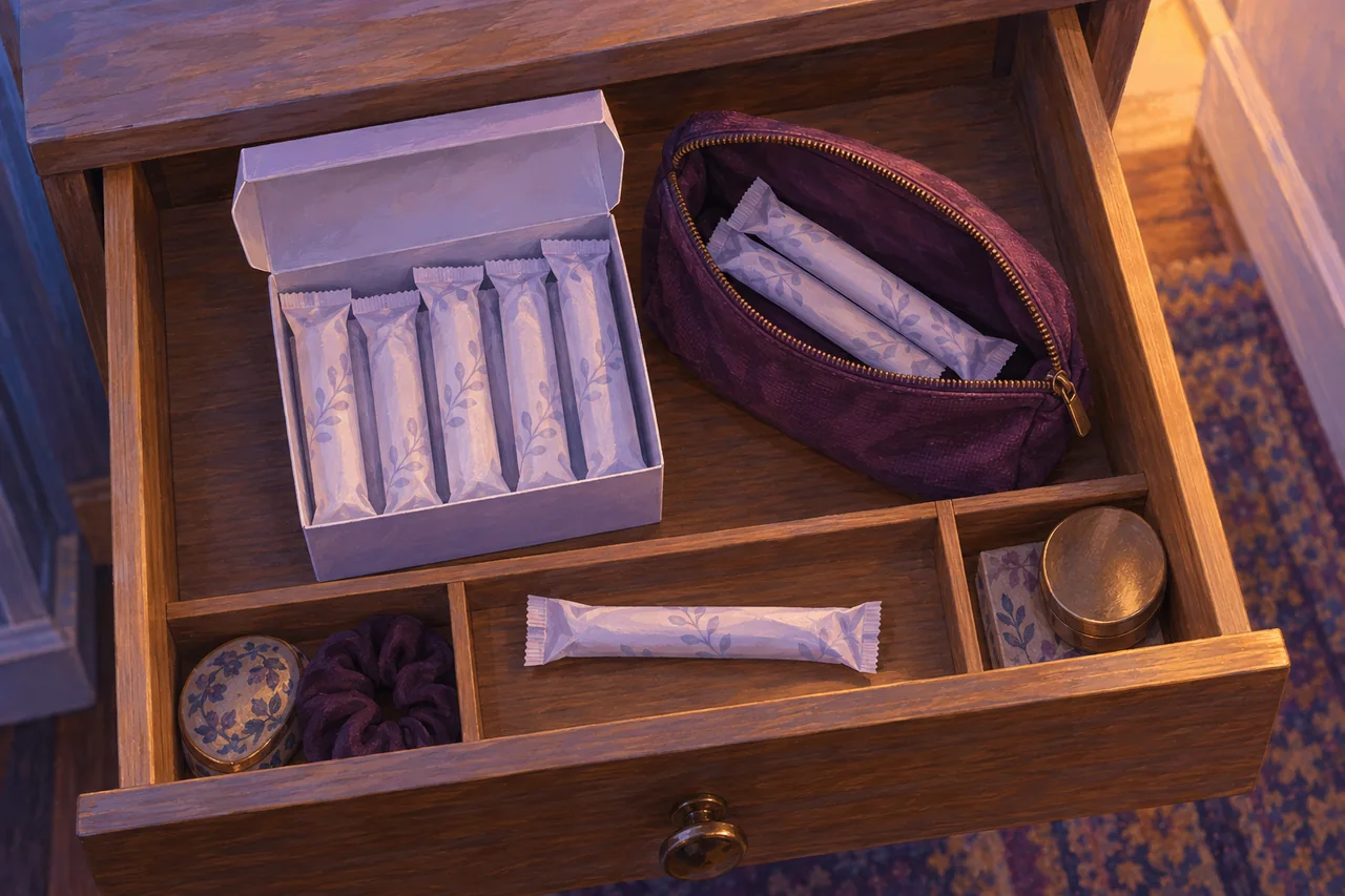 Intact individually wrapped tampons in an open box and a small pouch inside a dry dresser drawer.