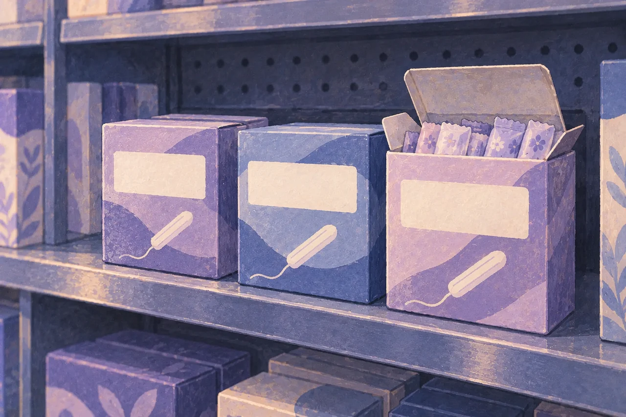 Plain tampon cartons on a pharmacy shelf, with separate packaging panels and individually wrapped products.