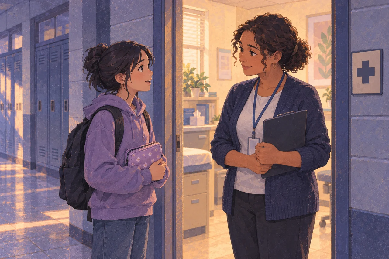 A clothed student with a closed supply pouch asks an adult nurse for help at a school health-office doorway.