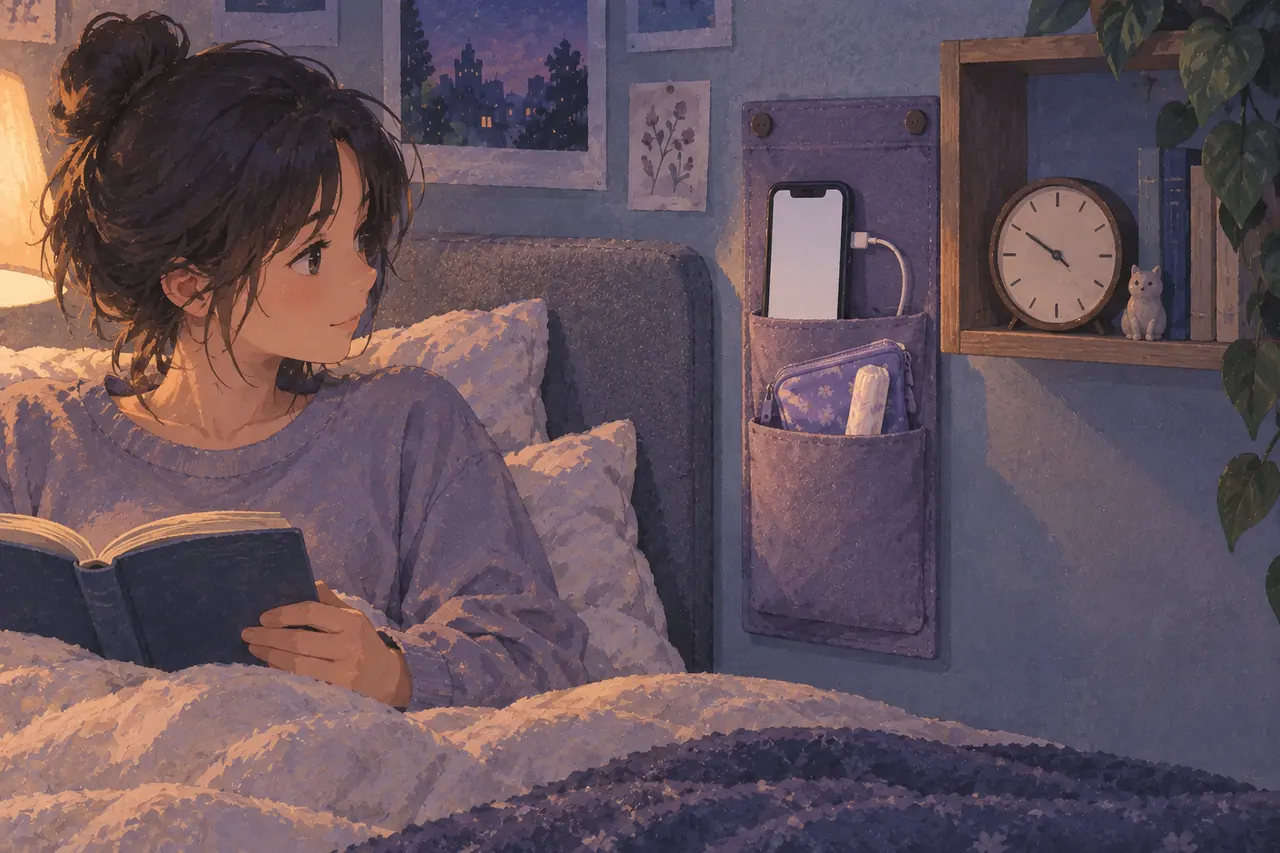 A phone and supply pouch in a wall-mounted bedside organizer beside a shelf clock and a clothed reader.