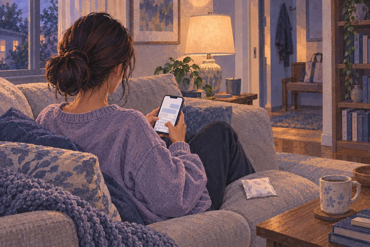 A clothed person seated on a sofa holding a phone with blank message bubbles, with both arms connected to their body.