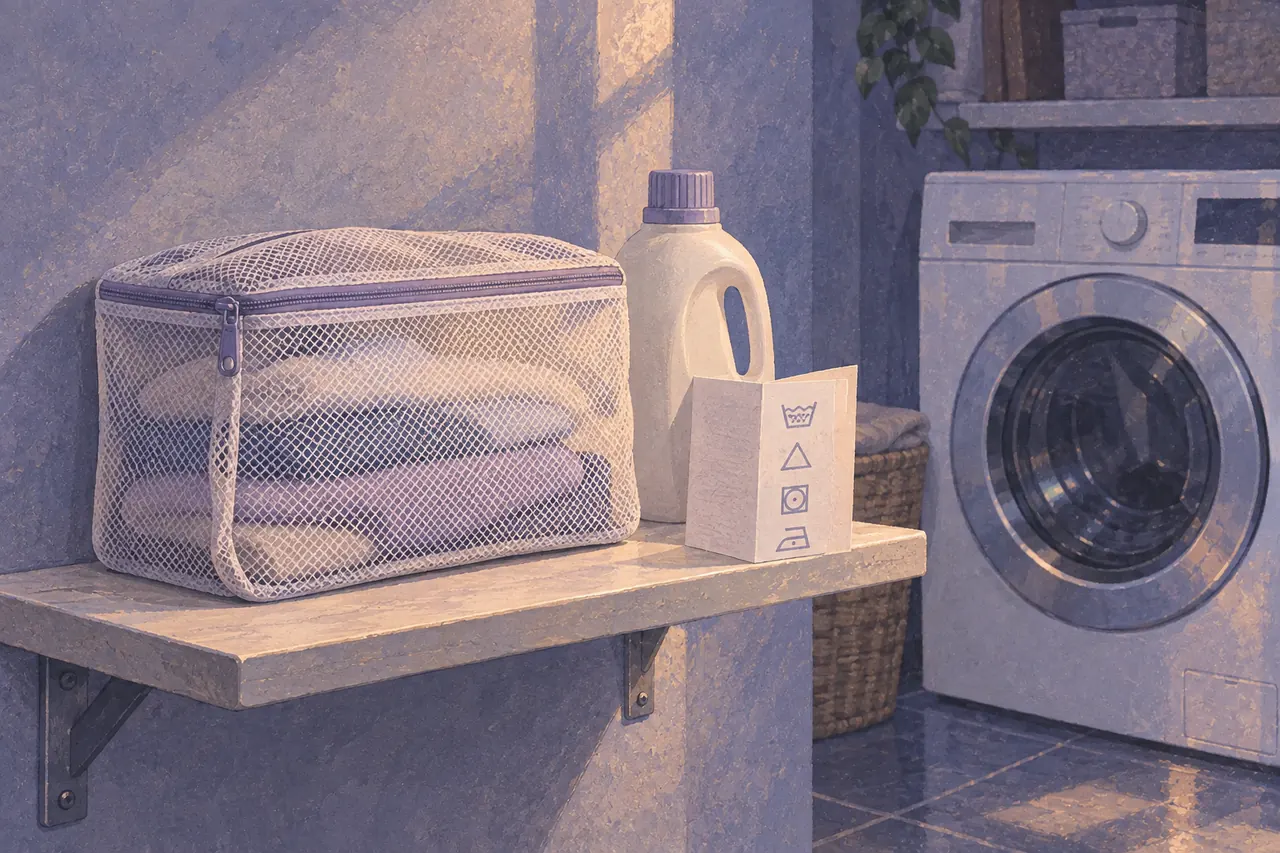 A zipped mesh laundry bag, plain detergent bottle and care leaflet on a utility shelf beside a closed washing machine.