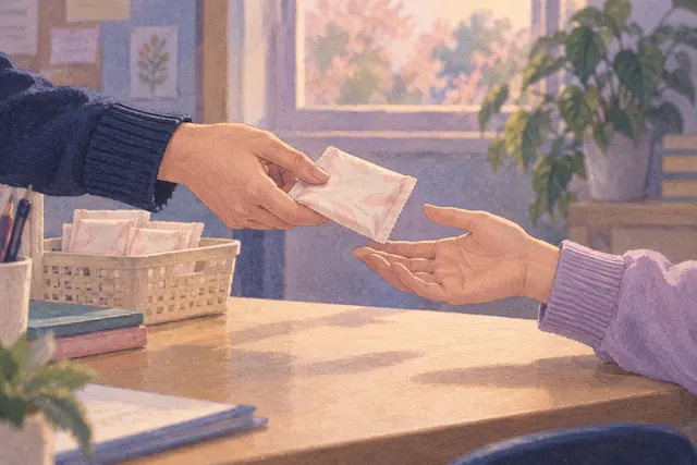 One person offers a wrapped period pad to another across a school office desk.
