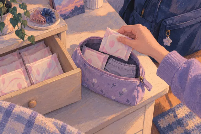 A hand adds a fresh wrapped pad to a lavender pouch beside a drawer of spare supplies.