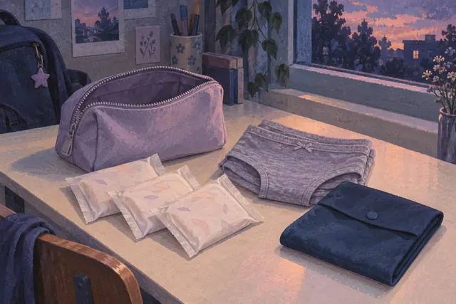 Wrapped pads, spare underwear, a pouch and a carry bag.
