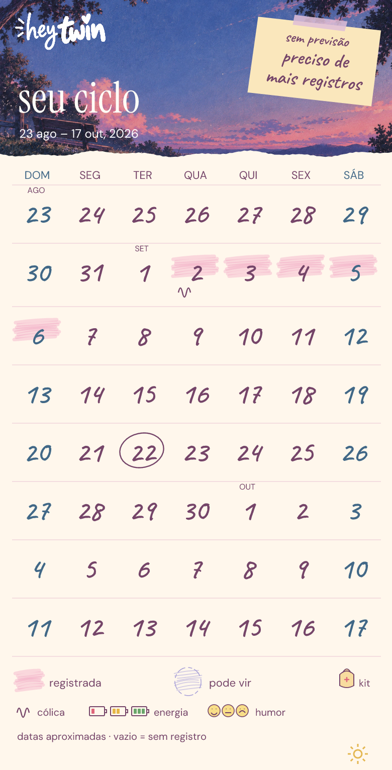 Calendário com datas salvas e uma nota sobre cólica